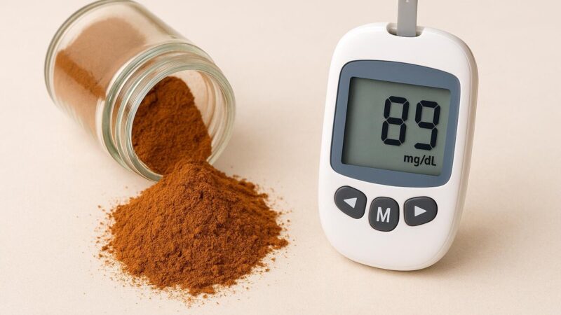 Cucchiaino di cannella in polvere su un tavolo di legno