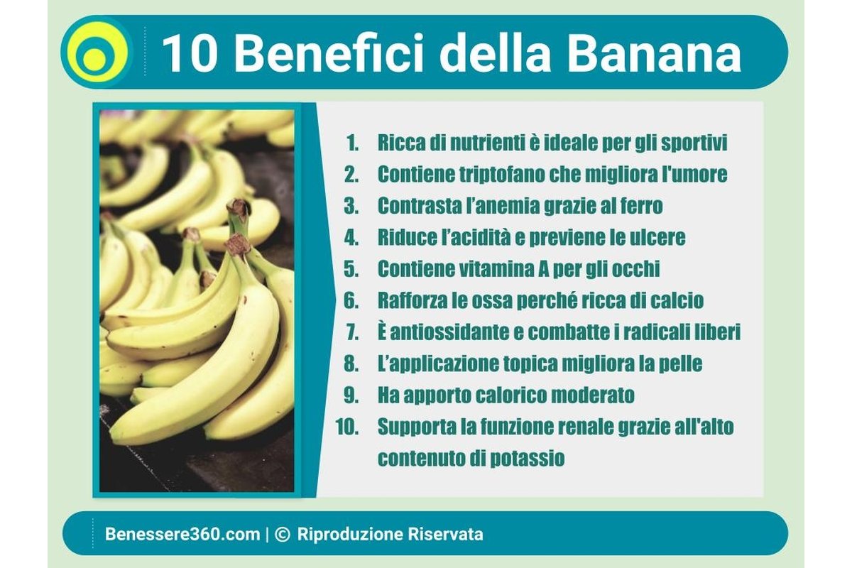 Una banana matura su un tavolo di legno con foglie verdi intorno.