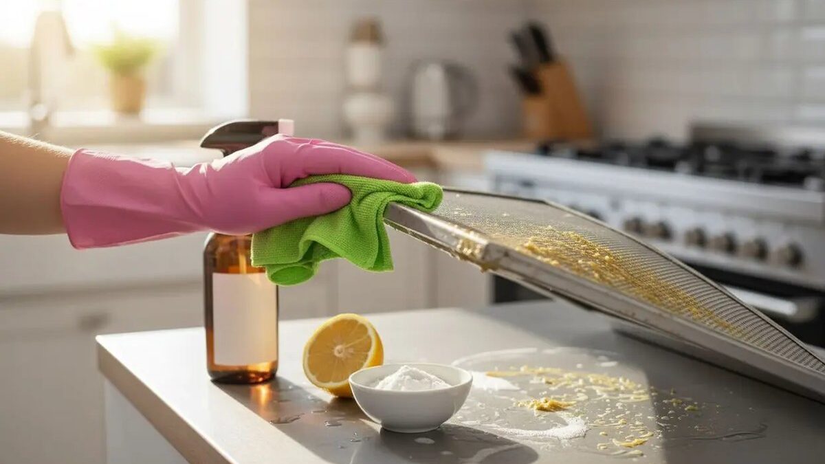 Mani che puliscono una cappa con un panno e detergente naturale.