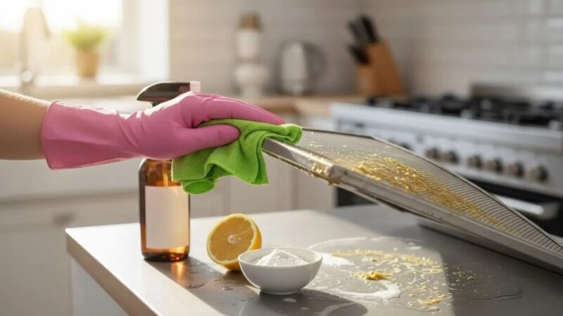 Mani che puliscono una cappa con un panno e detergente naturale.