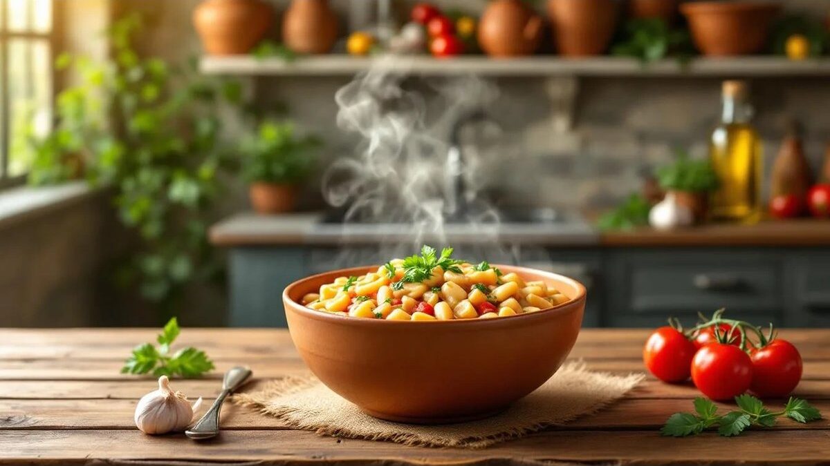 Pasta e fagioli cremosa in un piatto rustico con erbe fresche.