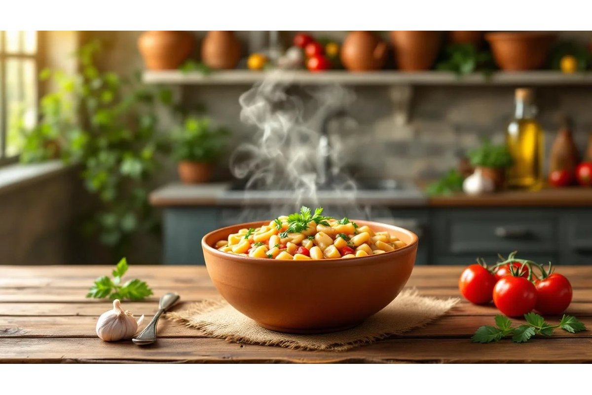 Pasta e fagioli cremosa in un piatto rustico con erbe fresche.