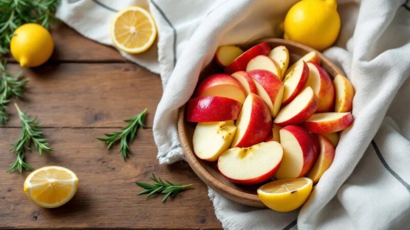 Mele tagliate a fette su un tagliere di legno.