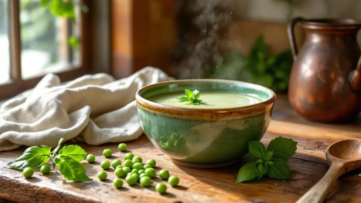 Mano che mescola vellutata di piselli cremosa in pentola.