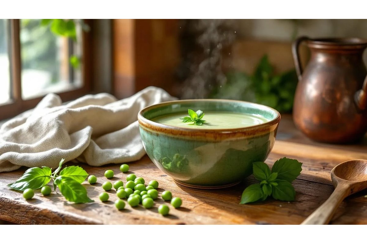Mano che mescola vellutata di piselli cremosa in pentola.