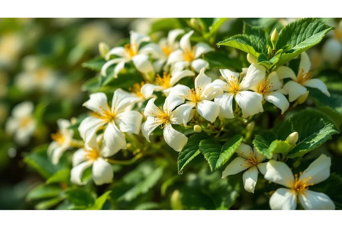 Primo piano di fiori di gelsomino in piena fioritura nel giardino.