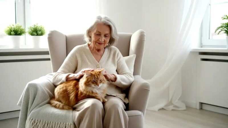 Gatto anziano accoccolato sulle ginocchia di una persona anziana che sorride.