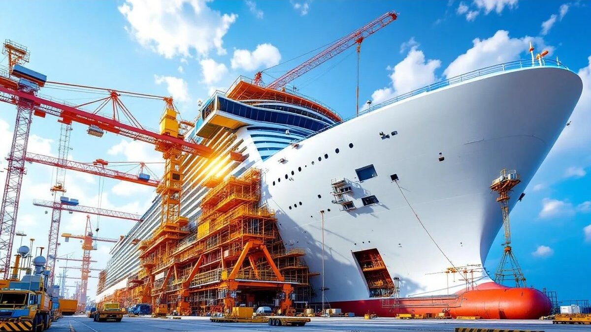 Vista di un cantiere navale asiatico con una nave da crociera in costruzione.
