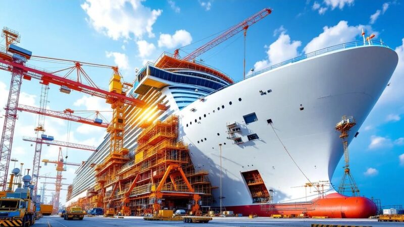 Vista di un cantiere navale asiatico con una nave da crociera in costruzione.