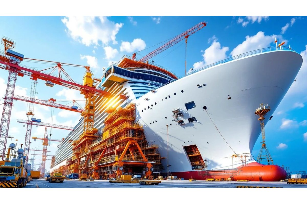 Vista di un cantiere navale asiatico con una nave da crociera in costruzione.