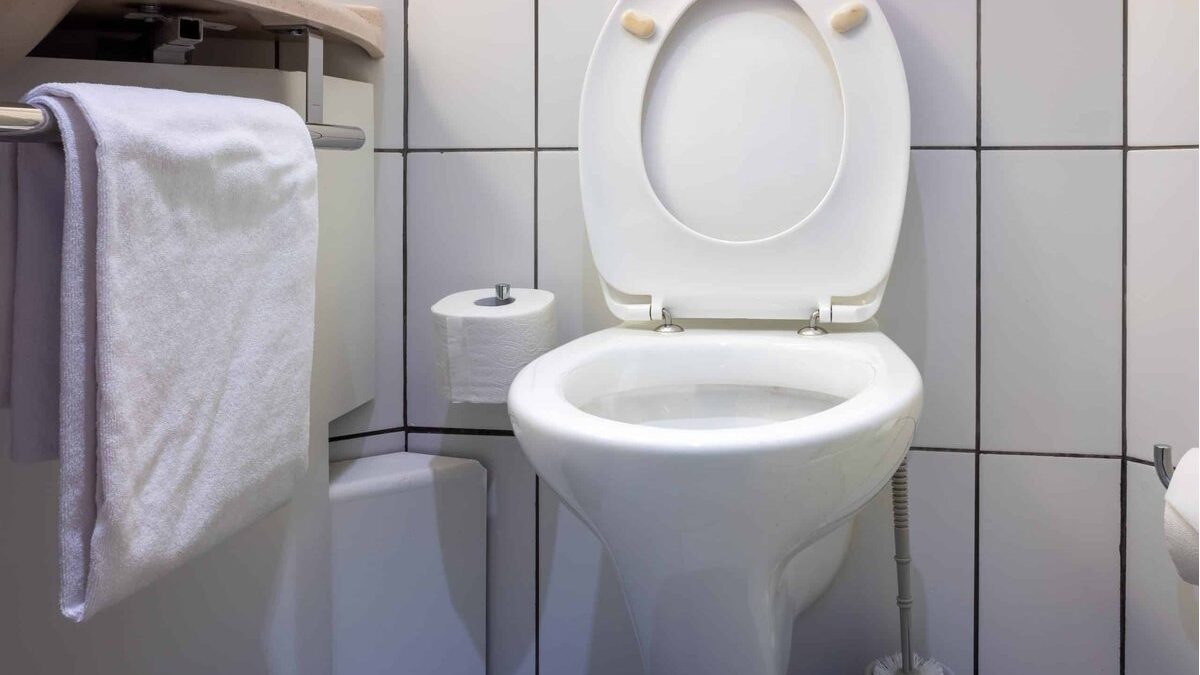 WC con plastica ingiallita e prodotti per la pulizia accanto.