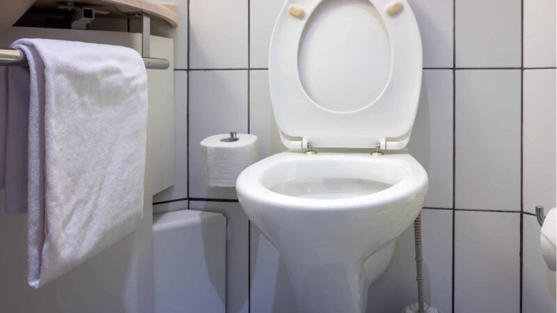 WC con plastica ingiallita e prodotti per la pulizia accanto.