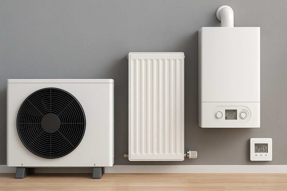 Termostato digitale con impostazioni di temperatura e modalità risparmio energetico.