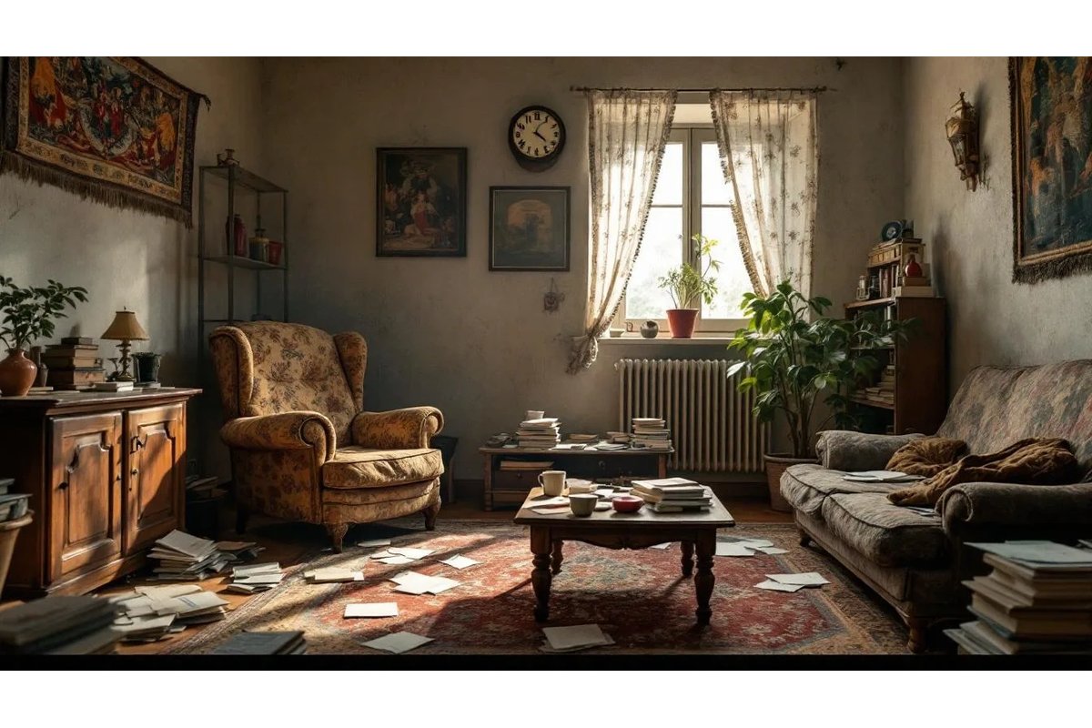 Uomo preoccupato controlla le bollette in cucina.