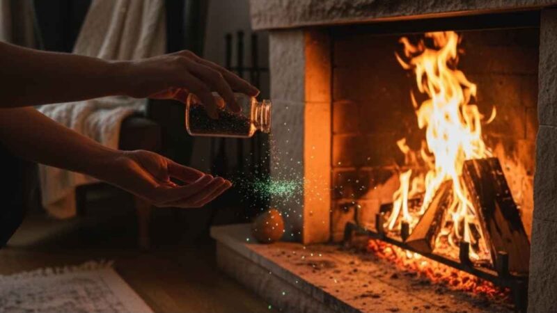 Polvere bianca versata in un camino acceso.